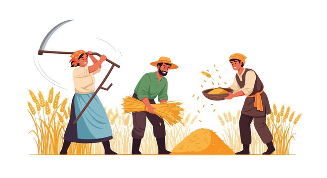 Farmers harvesting wheat in a field with sickle and baskets