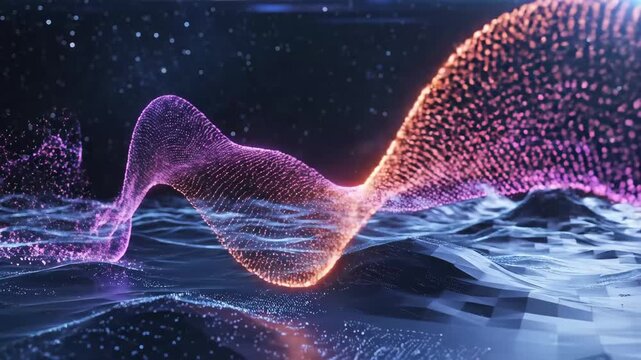 Abstract digital wave flowing over dark terrain. Particle stream moving above geometric landscape. Futuristic data visualization with glow for technology concept.