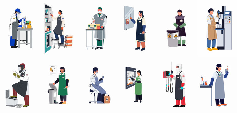 A series of vector illustrations depicting laboratory technicians and scientists working with radioactive materials in a specialized medical or research facility.