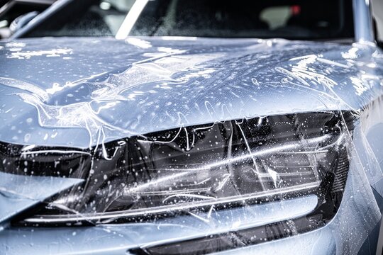 Close up of paint protection film being applied across the entire car hood. The film is carefully positioned and smoothed to ensure full coverage and long term protection