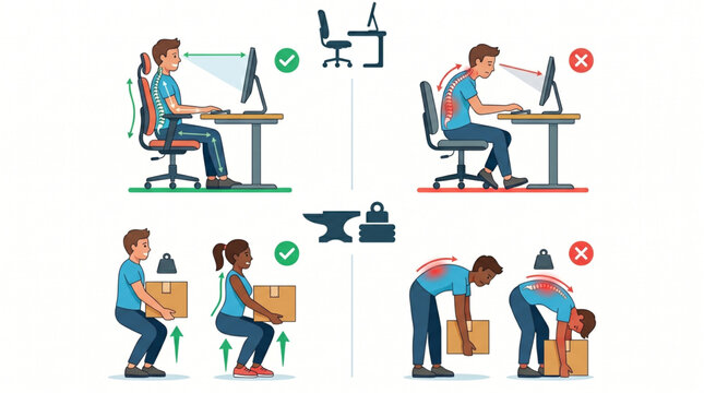 Correct vs Incorrect Ergonomic Posture Guide &ndash; Lifting Techniques and Sitting Position for Back Health