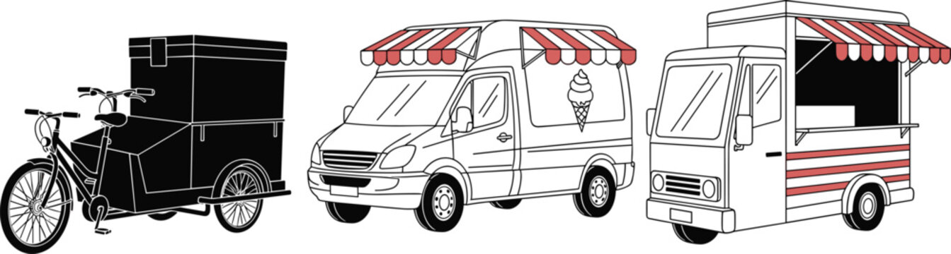 Cargo delivery bicycle and street food trucks mobile vendor transport vector illustration set