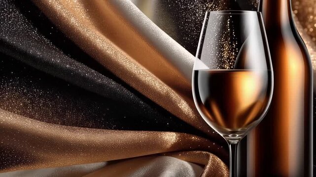 Glass of white wine placed near bottle on shiny silk fabric. Elegant drink setup with shimmering background gold textile. Beverage serve for restaurant event.