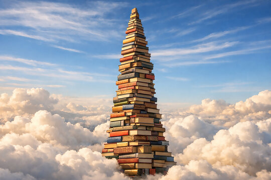 Stack of colorful books forming tower against blue sky for education awareness concept