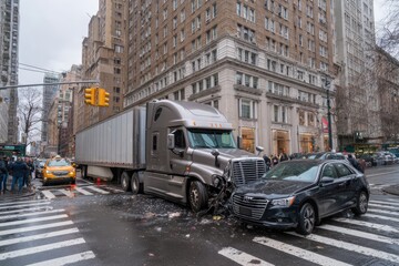 Fototapeta premium Truck and Car Collision at City Intersection.