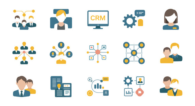 Business icons and CRM system icons depicting team management and workflow organization.