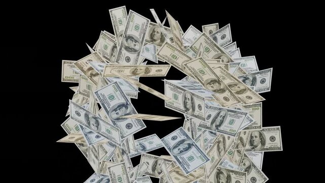  Money falling down animation. 3d dollars bills rain loop One hundred dollar, Banknotes Money Flying, United States dollars falling transparent alpha channel 4k video., Dollar rains from the sky.