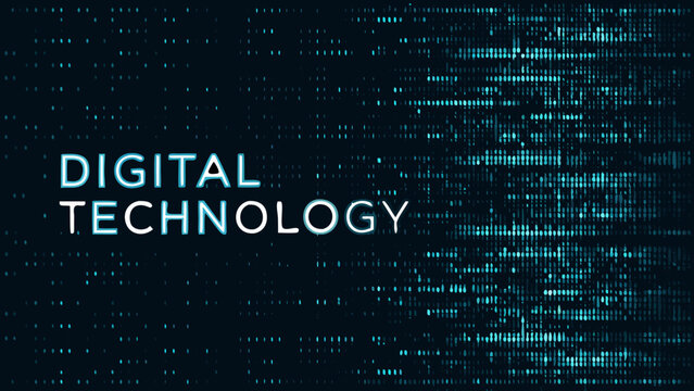 Abstract digital technology background with binary code and glowing teal particles