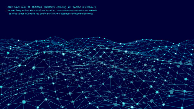 Abstract digital landscape of interconnected nodes and lines on a dark blue background