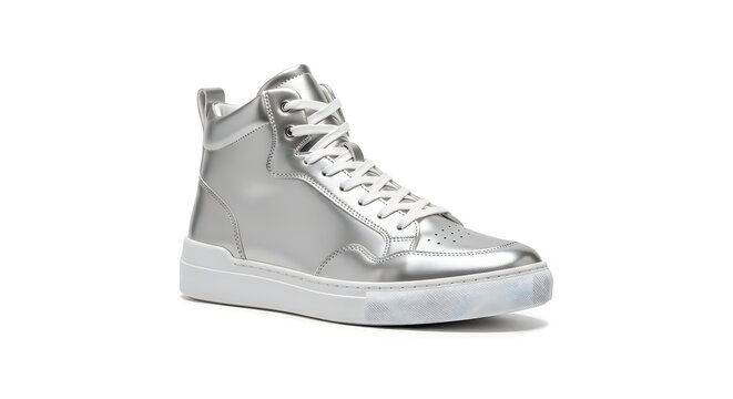 Silver shiny high top sneakers with white laces