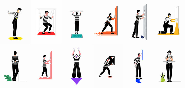 A collection of mime artists in various performance poses, featuring classic street theater and silent comedy acts in a flat vector illustration style.