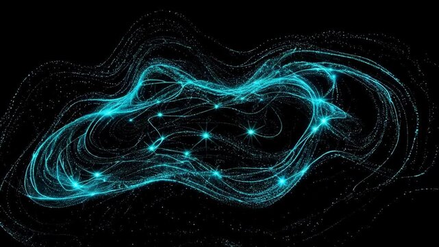 Abstract digital network flowing with glowing cyan energy and light particles on black.