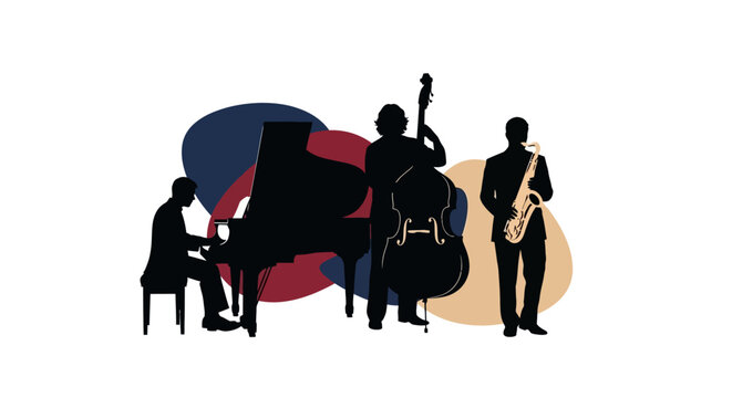 Jazz Trio Silhouette Piano Bass Saxophone Performers in Abstract Musical Art Background