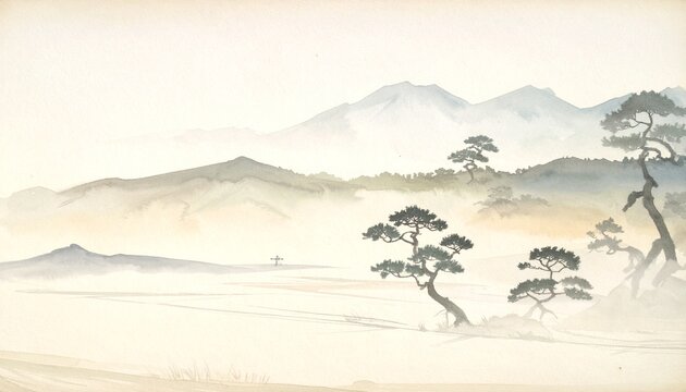 湿原と松の木を描いた和風水彩画。山水風景と柔らかな日本風の背景素材。