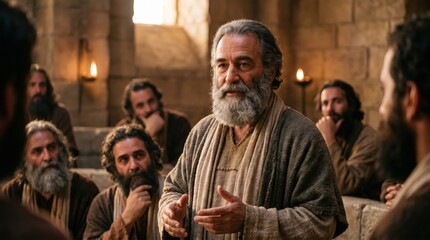 Obraz premium Apostle Peter preaching to elders and high priests about Jesus Christ. Biblical scene from Acts of Apostles. Historical religious drama, spiritual testimony and faith demonstration.