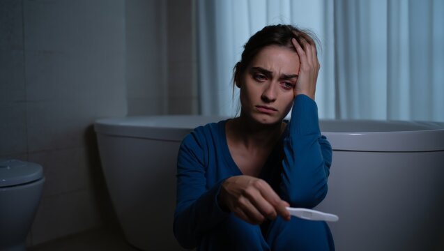 A woman sits on a toilet in a dimly lit bathroom, holding a pregnancy test and looking worried. Her face and body language convey a sense of anxiety and concern.