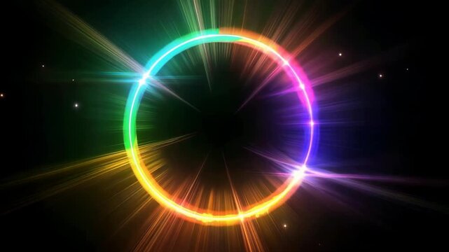 Glowing neon circle with vibrant light rays on a black background
