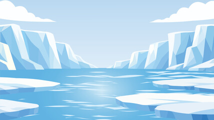 Dreamy cartoon-style Arctic landscape with floating icebergs and a serene icy-blue ocean — crafted in smooth, modern vector illustration © Tanjida