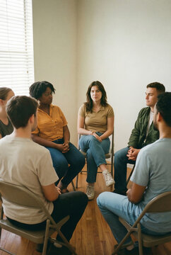 the Zoom generation, positive young people. Group of young adults engaged in discussion while seated in a circle inside a well-lit room with wooden flooring and large windows