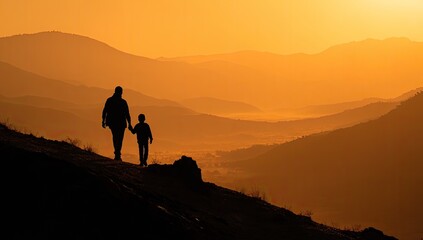 Obraz premium Father and Son Walking Together on Mountain Ridge During Golden Hour Sunset.