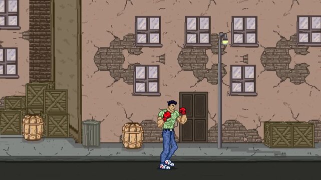Animation in pixel art of an old fighting game with a man with boxing gloves walking down the street with buildings, art, vintage, pixel.