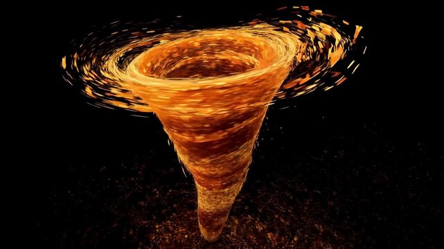 Abstract swirling fire tornado vortex with glowing orange sparks on black background