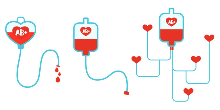 Universal donor AB plus blood bag connected to many heart shapes representing life saving donation and help hand drawn illustration isolated on white