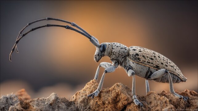 Intricate longhorn beetle with striking long antennae perched on rough terrain, showcasing detailed exoskeleton and captivating natural pattern.