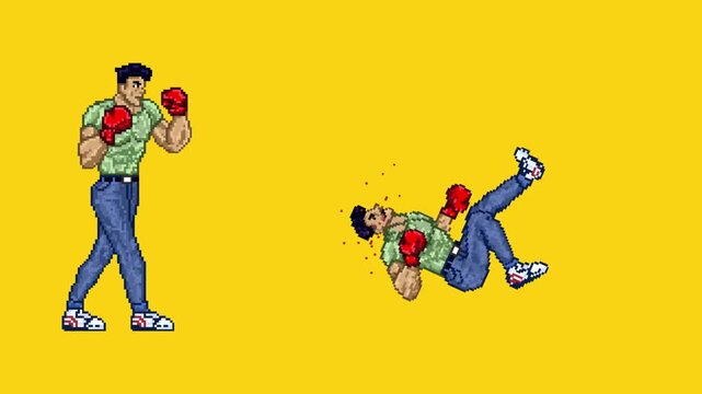 Pixel art animation of an old fighting game of a male character wearing boxing gloves moving in different poses with a yellow background, pixel, 2D.