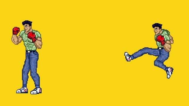 Pixel art animation of an old fighting game of a male character wearing boxing gloves moving in different poses with a yellow background, vintage, pixel art.