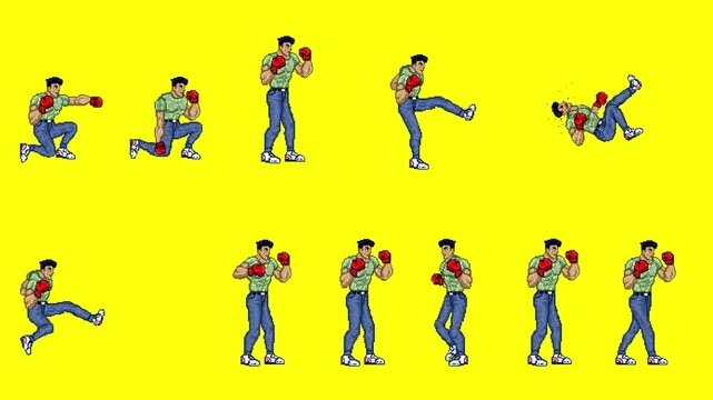 Pixel art animation of an old fighting game of a male character wearing boxing gloves moving in different poses with a yellow background, art, vintage, pixel, 2D.