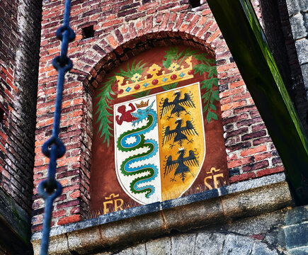The coat of arms of the House of Sforza and the House of Visconti, located at the Castello Sforzesco (Sforza Castle) in Milan, Italy.