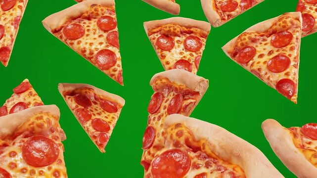 Multiple pepperoni pizza slices falling through green screen space