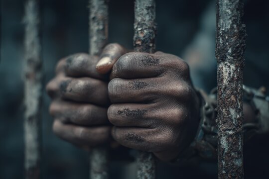 Tense hands of unidentified detainee clasped together behind steel bars with aged rust