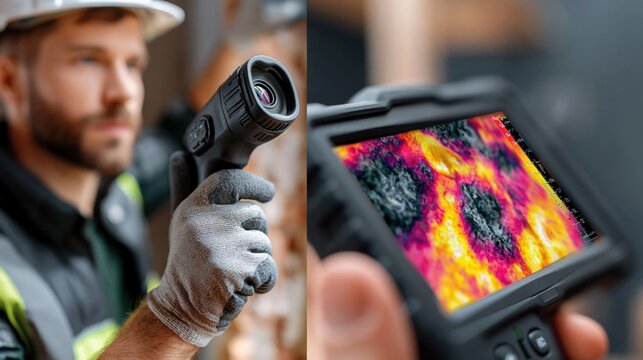 Split screen showing a professional inspector in a hard hat using an infrared thermal camera and a closeup of the device screen displaying heat signatures on a wall.