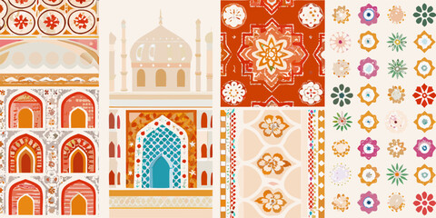 A colorful patchwork of indian architectural motifs and repeating floral patterns © Kapil