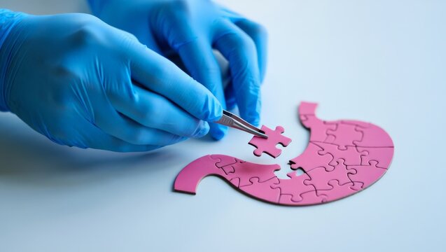 A gloved hand carefully places a puzzle piece into a pink stomach-shaped jigsaw puzzle, symbolizing the complexities of stomach pain and the importance of proper medical care and treatment.
