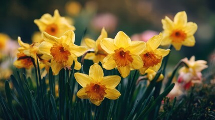 Fototapeta premium Close up of bright yellow daffodils with orange centers and green stems narcissus flower