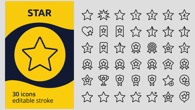 Collection of various star icons in different shapes and designs for ratings and awards  editable stroke