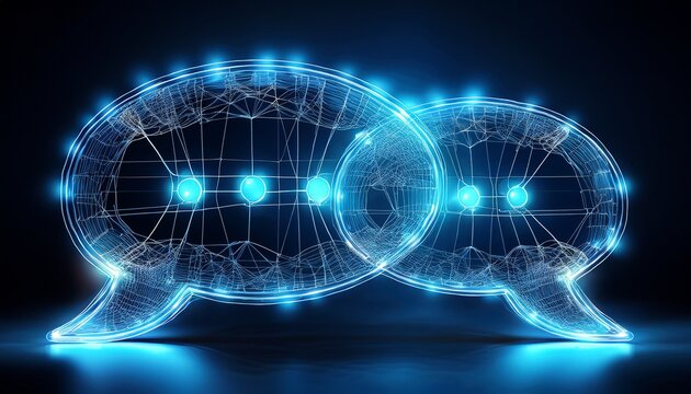 glowing blue wireframe chat bubbles with communication network effect against dark background