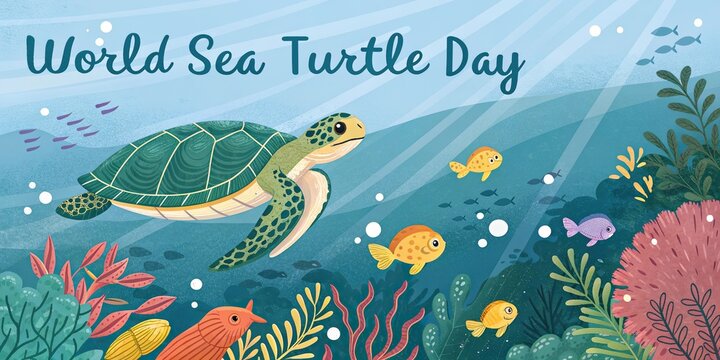 World sea turtle day underwater scene with turtles swimming among coral reef and fish