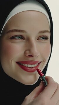 Close Up Portrait Beautiful Woman Applying Lipstick Studio Lighting White Background 4K Detail