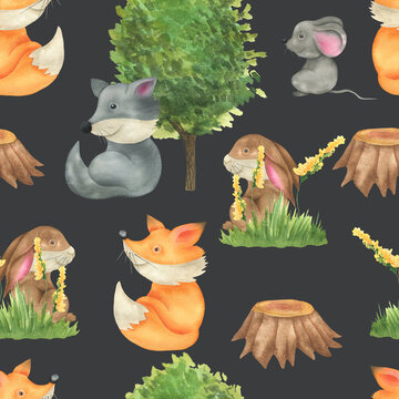 Seamless pattern forest animals wolf fox hare mouse black