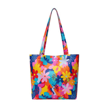 Colorful abstract pattern tote bag with vibrant geometric designs and pastel hues