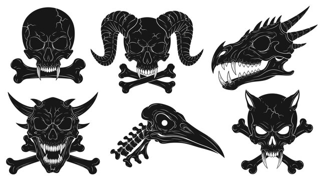 Macabre Skull Collection: Devil, Dragon, Bird, and Cat Skeletons with Bones