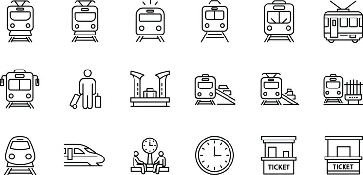 Set of train station and transport vector icons including trains, tickets, platforms, and travel elements for transportation and commuting designs