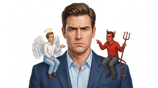 Man facing a moral dilemma with a small angel and devil on his shoulders, conceptual illustration of internal conflict and decision making.