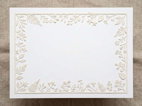 Blank Floral Paper Cut Invitation Card With Decorative Botanical Frame On Neutral Fabric Background