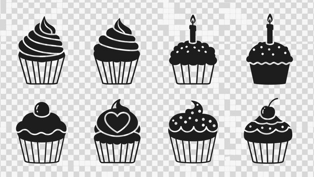 Cupcake Icons Set: Black and White Silhouettes for Celebration and Baking
