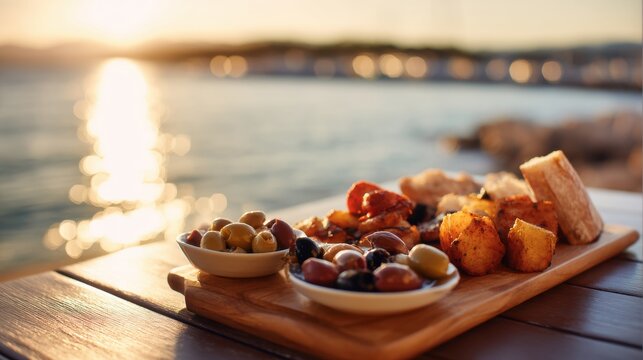 Spanish tapas with olives and patatas bravas on wooden platter at Costa Brava waterfront restaurant for summer vacation dining